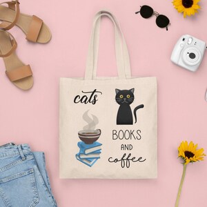 Cats Books and Coffee Tote Bag. Funny Book Lover Shopping Bag. Cat Lover Gift