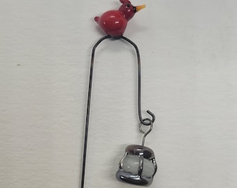 One miniature lantern with bird on a Shepard's hook. Glow in the dark glass. Doll house, fairy garden, terrarium supply MTO