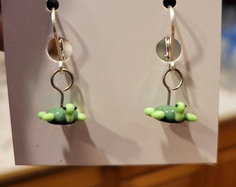 Glass turtle earrings on sterling silver lever backs, handmade, made to order