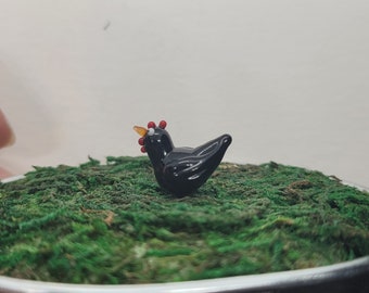 Fairy garden chicken, black chicken, small lampwork glass chicken, MTO