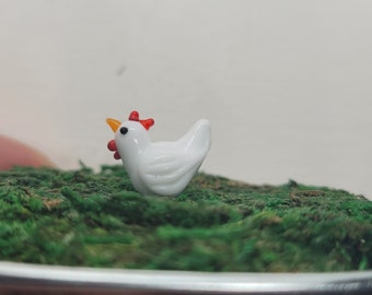 Fairy garden chicken, white chicken, small lampwork glass chicken, MTO