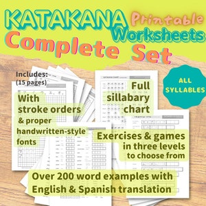 May include: A set of 15 printable Katakana worksheets with stroke order guides, handwritten-style fonts, a full syllabary chart, and exercises and games in three levels. The worksheets include over 200 word examples with English and Spanish translations.