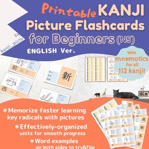 KANJI MNEMONICS Picture Flashcards for beginner/N5 level (Japanese Printable)