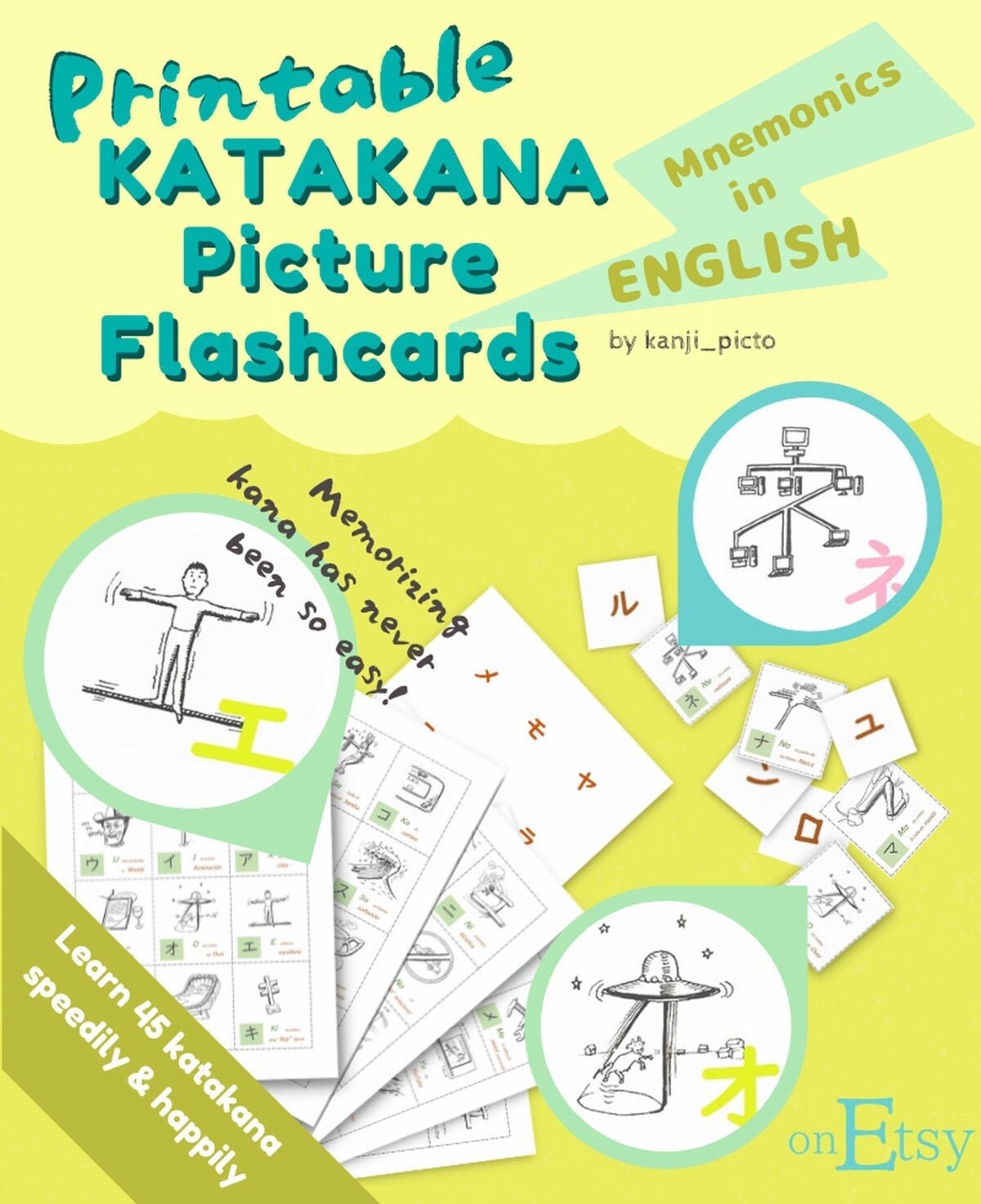 Katakana Flashcards Illustrated Memorizing Techniques In Etsy