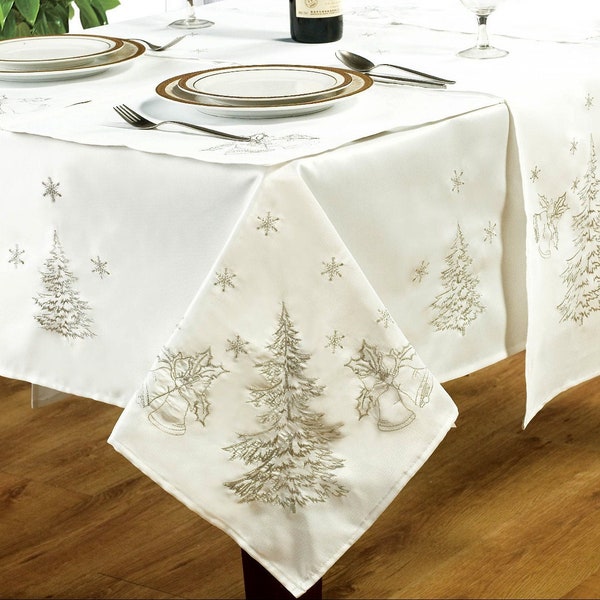 Festive Table Cloth Range, Embroidered Fir Tree Holly Leaves Bells Snowflake, White Silver Grey, Runner Napkins, Christmas Seasonal Winter