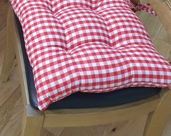 Seat Pad Gingham Check Cherry, Picnic Check Red White, Chair Cushion With Ties Kitchen Dining Room Garden