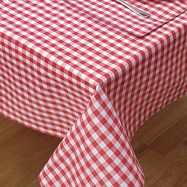 Gingham Red Table Cloth, Traditional Picnic Check Cherry White, Runner Napkins Placemats