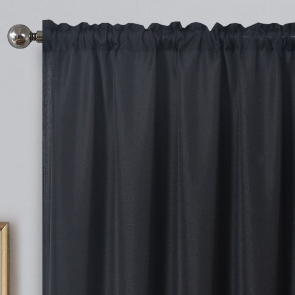 Panel de gasa negro con aspecto de lino, cortina de red, efecto flameado texturizado
