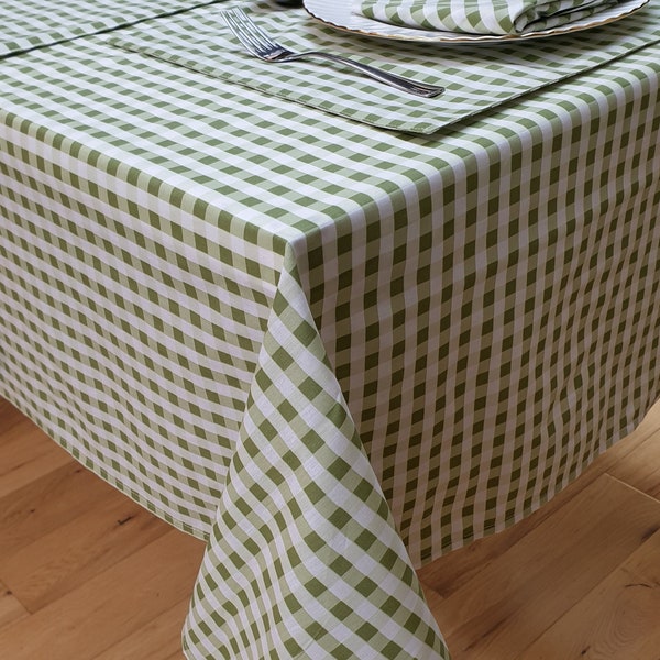 Gingham Sage Table Cloth, Traditional Picnic Check Green White, Runner Napkins Placemats