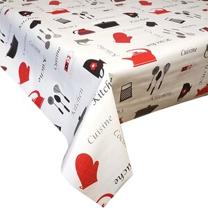 May include: White tablecloth with a red and black kitchen themed pattern. The pattern includes words like "Kitchen", "Cuisine", and "Küche" in different languages. There are also images of kitchen utensils, pots, and other kitchen items.