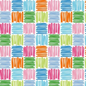 May include: A seamless pattern featuring a repeating design of colourful squares. Each square is filled with horizontal lines in a variety of colours, including blue, green, orange, pink, and light blue.