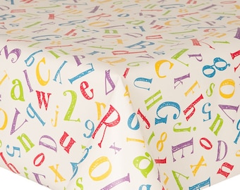 PVC Table Cloth Alphanumeric, Fun Letters Numbers Purple Yellow Green Kids Party Table Cover Decoration Arts & Crafts School Idea Wipe Clean