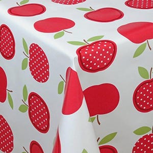 Tovaglia in PVC Mele Rosse, Pois a Pois Frutta Bianco Cremisi, Idee Decorative per Arti e Mestieri, Facile da Pulire, Copertura Protettiva per la Scuola del Caffè