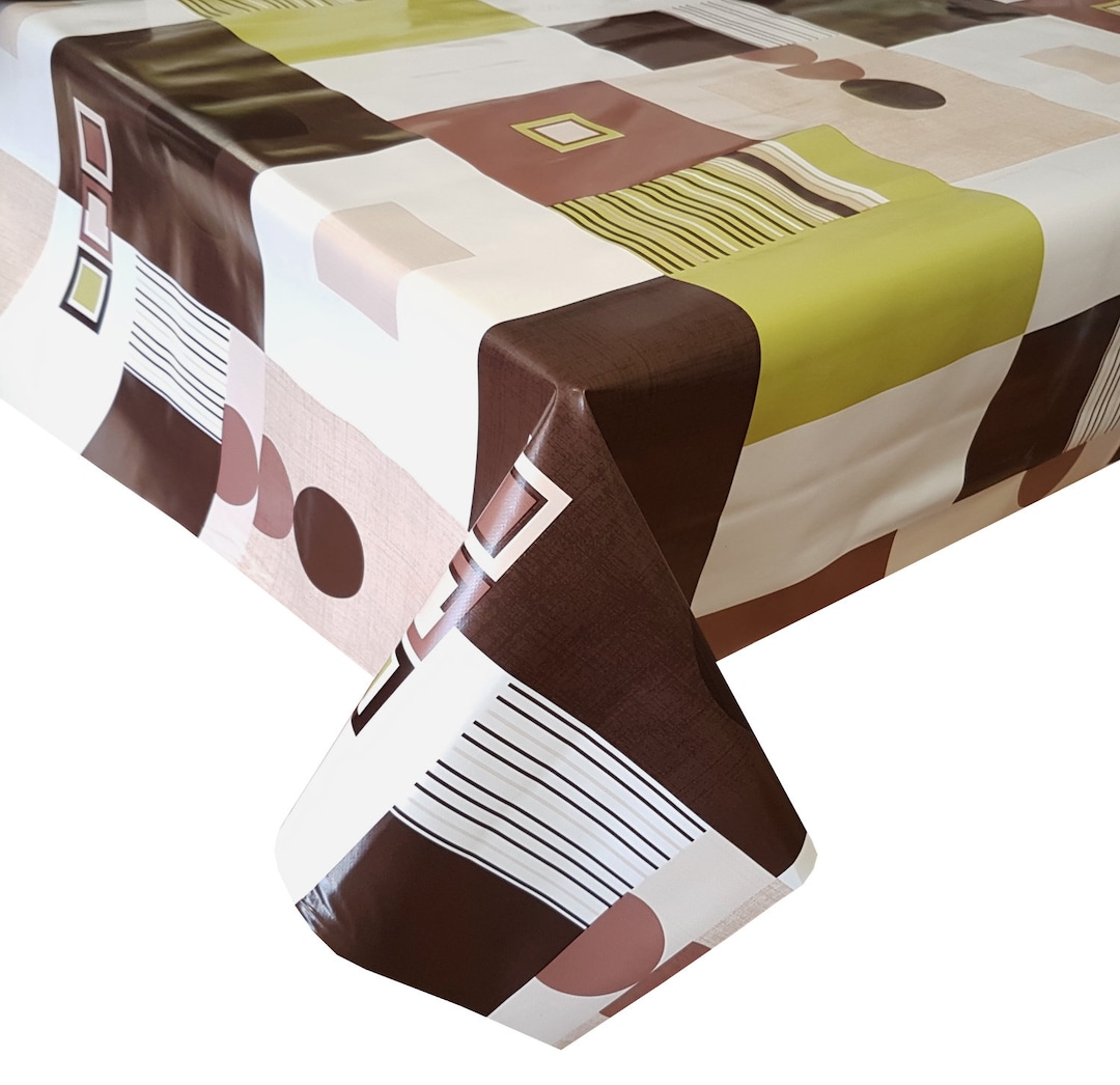 PVC Table Cloth Modern Brown, Abstract Art Deco Blocks Circles Green ...