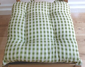 Coussin d'assise carreaux vichy sauge, carreaux pique-nique vert blanc, coussin de chaise avec attaches cuisine salle à manger jardin