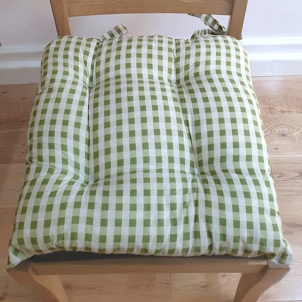 Seat Pad Gingham Check Sage, Picnic Check Green White, Chair Cushion With Ties Kitchen Dining Room Garden