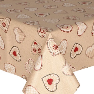 PVC Table Cloth Love Hearts Red, Vintage Linen Look Latte Beige White Lace Effect Flowers Table Cover Decoration Arts & Crafts Wipe Clean