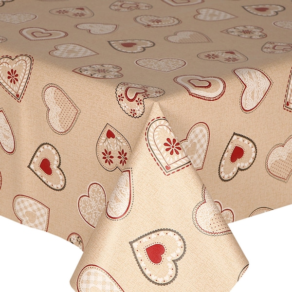 Nappe en PVC Cœurs d'amour rouge, aspect lin vintage Latte beige blanc effet dentelle Fleurs Nappe Décoration Artisanat D'art