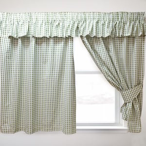 Gingham Sage Curtains OR Pelmets, Kitchen Drapes Tie Backs Picnic Check Green White