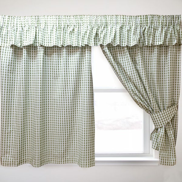 Gingham Sage Curtains OR Pelmets, Kitchen Drapes Tie Backs Picnic Check Green White
