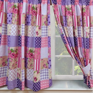 Cortinas de patchwork Berry com amarrações, cortinas de janela tradicionais de bolinhas, listras florais, palha, trama xadrez, roxo, rosa, bege, lilás