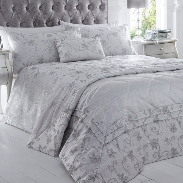 Gamme de literie Ravina Silver, feuilles jacquard à volutes gris scintillant, housses de couette ou couvre-lit ou coussin boudoir, décoration d'intérieur