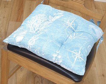Seat Pad Coastal Blue, White Nautical Seaside Starfish Compass Rope Knot Wheel Chair Cushion With Ties Kitchen Dining Room Garden