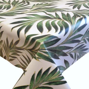 PVC Table Cloth Tropical Forest Green, Leaves Gold Outline White, Cover Protector Arts & Crafts Idea Wipe Clean