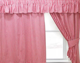 Gingham Kirsche Vorhänge ODER Pelmets, Küche Vorhänge Tie Backs Picknick Karo Rot Weiß