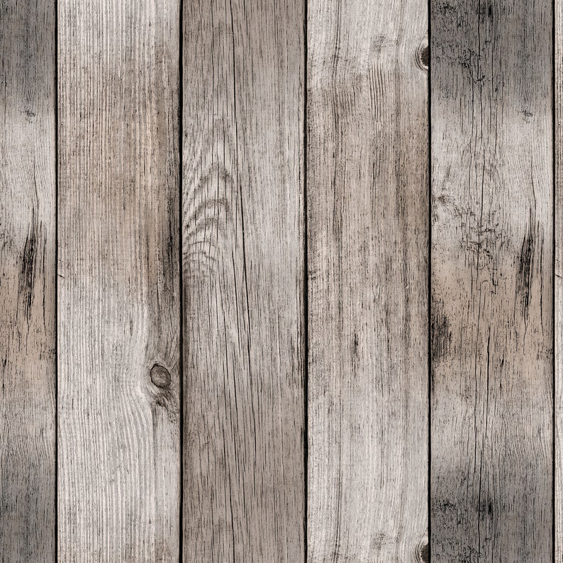 May include: Close-up of a weathered wood panel with a vertical grain pattern. The wood is a light gray color with brown knots and streaks.