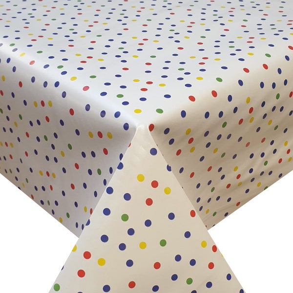 PVC Table Cloth Party Dots, Fun Polka Dot Dotty Spots, Red Green Blue Yellow Off White Cover Protector Wipe Clean