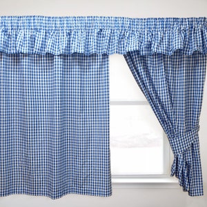 Gingham Blue Bell Curtains OR Pelmets, Window Drapes Tie Backs Picnic Check Blue White