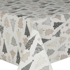 May include: White tablecloth with a repeating pattern of stylised Christmas trees in shades of grey, brown, and beige.
