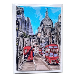 Carte de voeux bus rouge de Londres (A6) Illustration d'art urbain de Londres. Oeuvre d'art emblématique de l'autobus à impériale rouge de Londres.