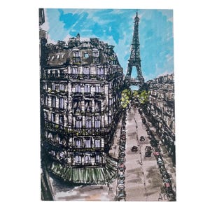 Carte postale Rue parisienne avec tour Eiffel (A6) Illustration d'art urbain de Paris. Oeuvre d'art emblématique de la Tour Eiffel en France.