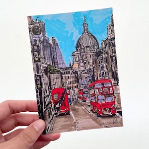 London Red Bus Postkarte (A6) London Urban Art Illustration. Kultiges Londoner Doppeldeckerbus-Kunstwerk.