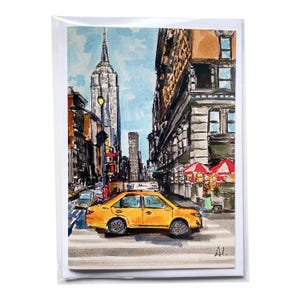 Biglietto d'auguri con taxi giallo di New York City (A6). Illustrazione di arte urbana di New York. Opera d'arte iconica del taxi giallo.