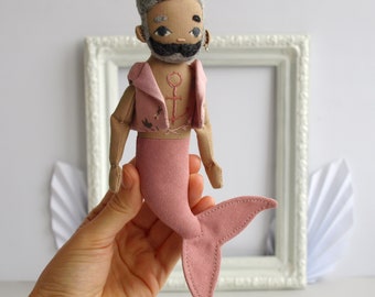 Merman doll 8.3", Mermaid boy, Mini Man rag doll, Pocket doll with beard, Mermaid doll