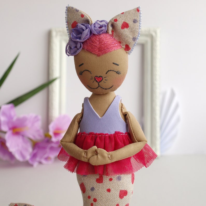 Cat mermaid doll 11.8 with a seahorse, Textile mercat doll, Soft toy cat, Plush toy cat image 6