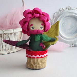 Peony doll boy, Bearded doll, Flower doll in a pot, Fabric flower toy image 1