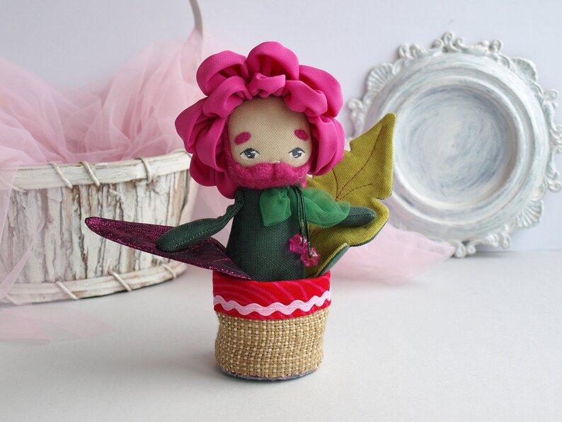 Peony doll boy, Bearded doll, Flower doll in a pot, Fabric flower toy image 1