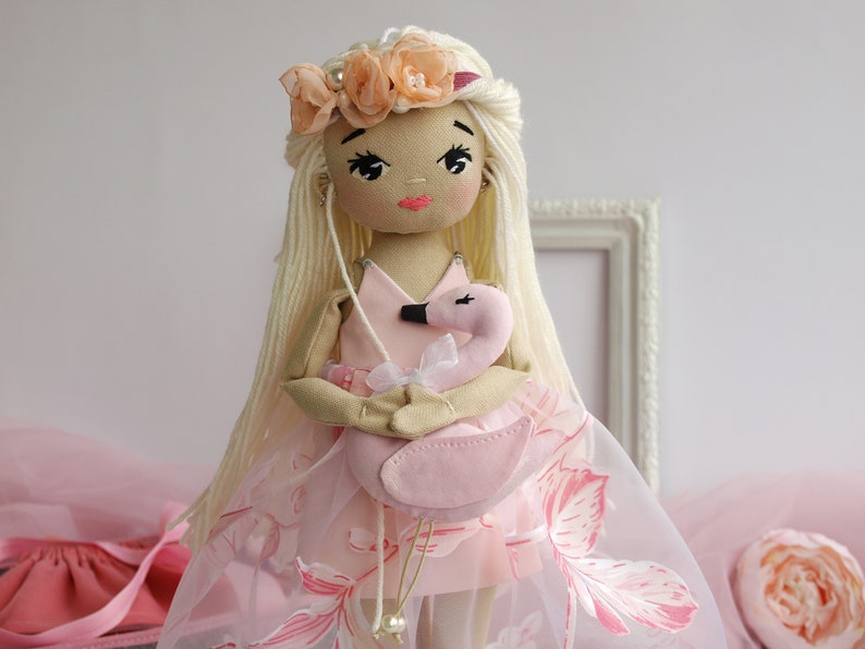 Dress up rag doll 12 with a cradle, a set of clothes and a swan, Mermaid doll, Doll set afbeelding 3