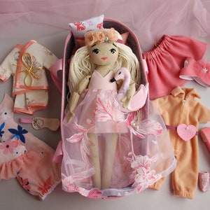 Dress up rag doll 12 with a cradle, a set of clothes and a swan, Mermaid doll, Doll set afbeelding 1