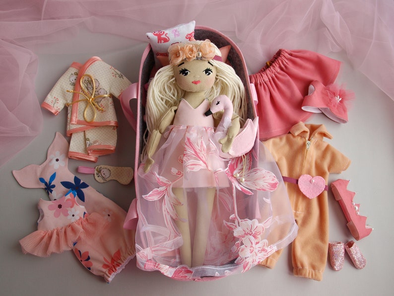 Dress up rag doll 12 with a cradle, a set of clothes and a swan, Mermaid doll, Doll set afbeelding 1