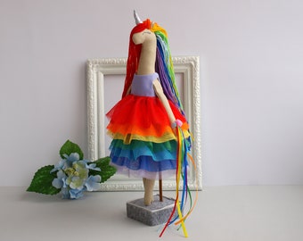 Rainbow unicorn doll 13" / Dress up rag doll