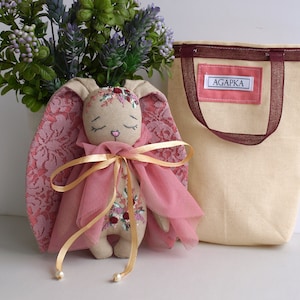 Linen bunny with embroidery, Linen eco toy, Textile rabbit doll