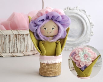 Flower doll in a pot, Textile plant toy, Fabric flower toy