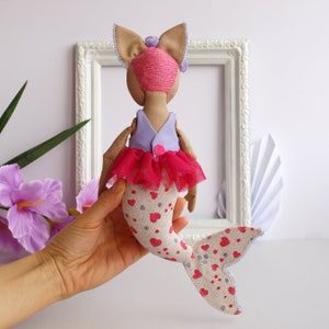 Cat mermaid doll 11.8 with a seahorse, Textile mercat doll, Soft toy cat, Plush toy cat image 5