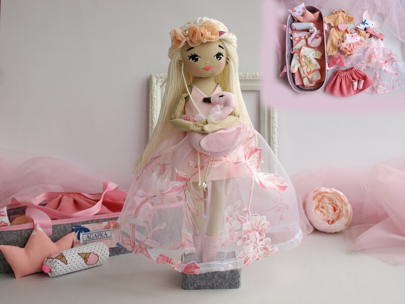 Dress up rag doll 12 with a cradle, a set of clothes and a swan, Mermaid doll, Doll set image 2