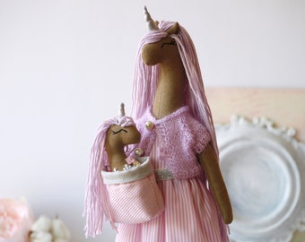 Mom and daughter unicorn dolls with clothes / Dress up rag unicorn doll play set